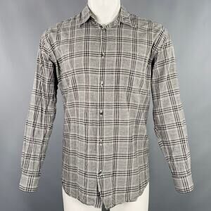 FUJITO Size M Black White Plaid Cotton Linen One Pocket Long Sleeve Shirt